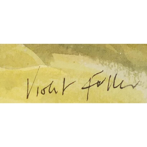 199 - Violet Fuller - Extensive landscape view, watercolour on paper, bearing a signature, mounted and fra... 
