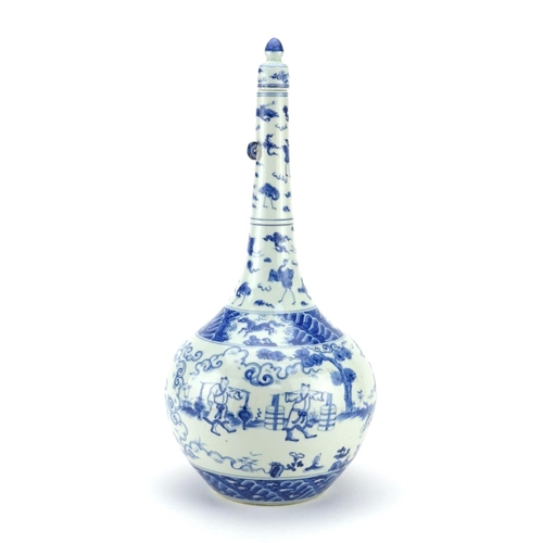 264 - Chinese blue and white porcelain lidded vase, hand painted with warriors on horseback, workmen and p... 