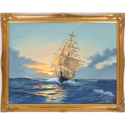 124 - Keith English - Clipper Ship at sea before sunset, oil on canvas, framed, 75cm x 50cm