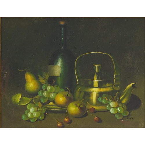 198 - Still life fruit and objects, oil on canvas bearing a signature possibly Peter, framed, 50cm x 40cm