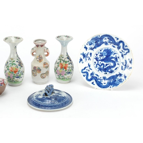 605 - Japanese and Chinese ceramics and a cloisonné box and cover, including a pair of vases and a blue an... 