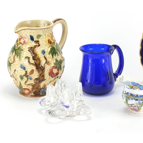 381 - China and glassware including a Tony Wood Indian tree jug, Coalport cabinet plate, Bristol Blue tank... 