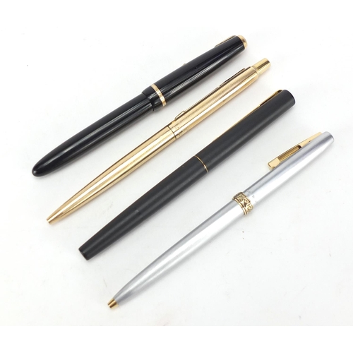 449 - Fountain pens and ballpoint pens including a Parker with 14ct gold nib and Sheaffer