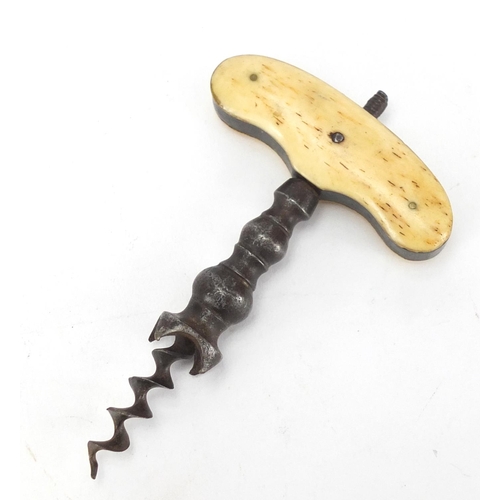 468 - Antique steel corkscrew with bone handle, 10.5cm in length