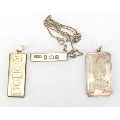 217 - Three silver ingot pendants and a silver necklace, approximate weight 64.0g