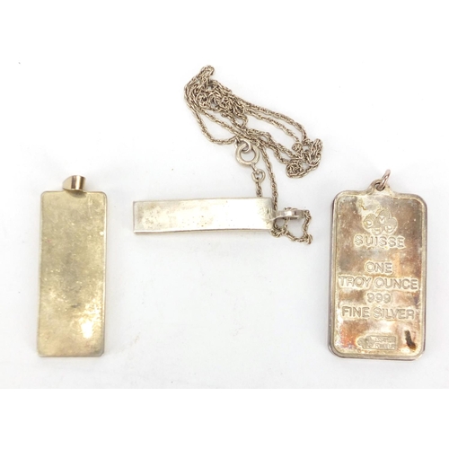 217 - Three silver ingot pendants and a silver necklace, approximate weight 64.0g