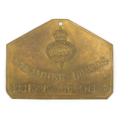 213 - Military interest Grenadier Guards brass plaque, impressed 22213918 Wickens R