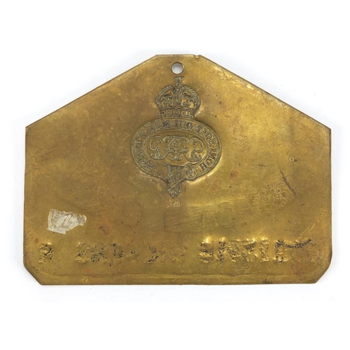 213 - Military interest Grenadier Guards brass plaque, impressed 22213918 Wickens R