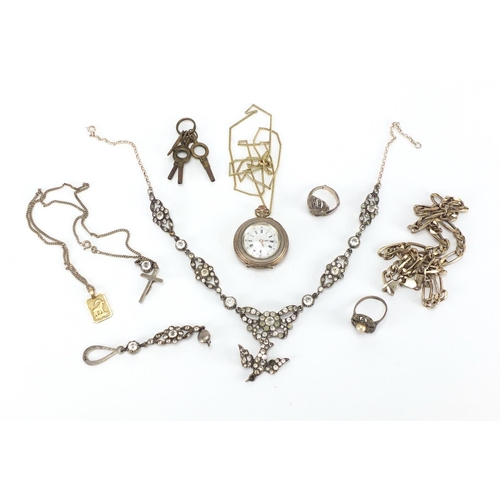 208 - Silver and white metal jewellery including an antique paste necklace, ladies pocket watch and Figaro... 