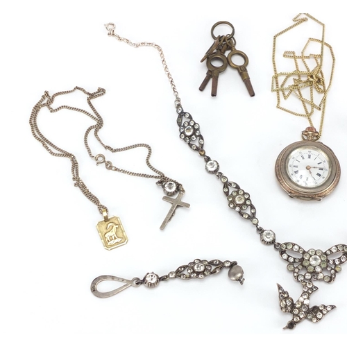 208 - Silver and white metal jewellery including an antique paste necklace, ladies pocket watch and Figaro... 