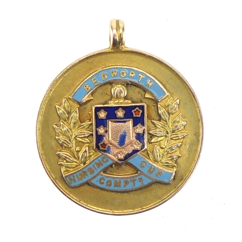 166 - 9ct gold and enamel Bedworth Nusing Cup Competition jewel, engraved 1929, approximate weight 8.7g