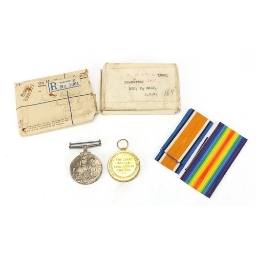 750 - British Military World War I pair, awarded to M2-264721 PTE.F.DRAY.A.S.C with ribbons and box of iss... 