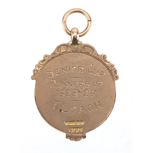 165 - 9ct gold and enamel Midland Daily Telegraph Challenge Cup jewel, engraved Senior Cup Runners Up 1928... 