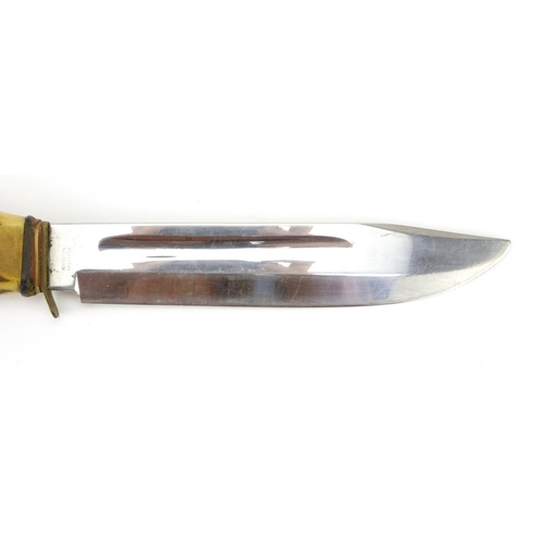 79 - German horn handled hunting knife, with leather sheath, the steel blade engraved R Rayer Rosthrei So... 