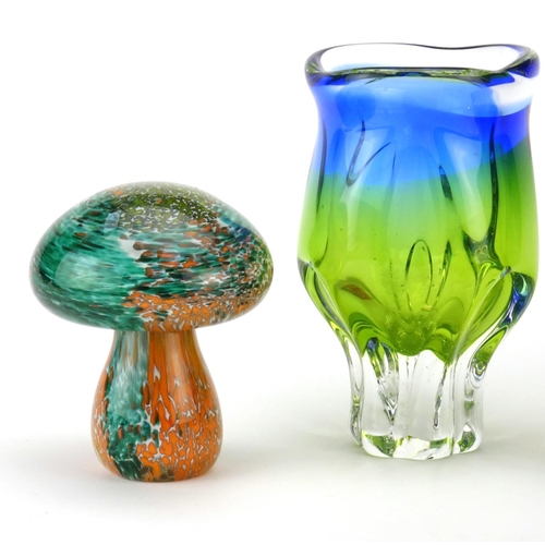 2344 - Art glassware including a Mdina vase and mushroom design paperweight, the largest 18cm high