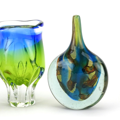 2344 - Art glassware including a Mdina vase and mushroom design paperweight, the largest 18cm high