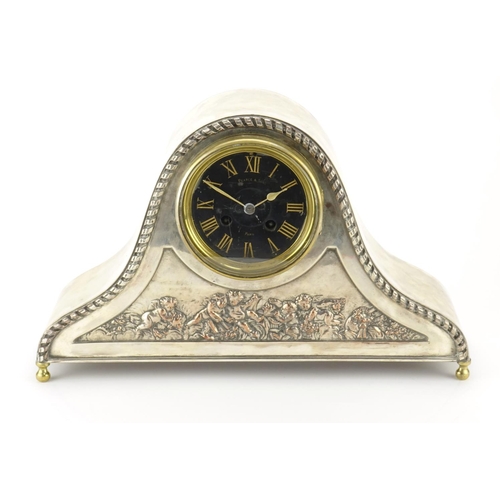 2264 - French silver plated striking mantel clock embossed with putti, retailed by Pearce & Sons of Paris, ... 