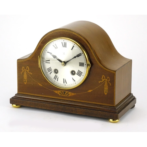 2190 - Inlaid mahogany striking mantel clock with silvered dial and Roman numerals, 18.5cm high