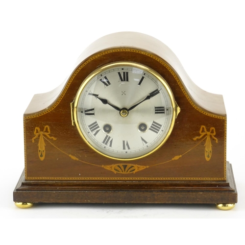 2190 - Inlaid mahogany striking mantel clock with silvered dial and Roman numerals, 18.5cm high