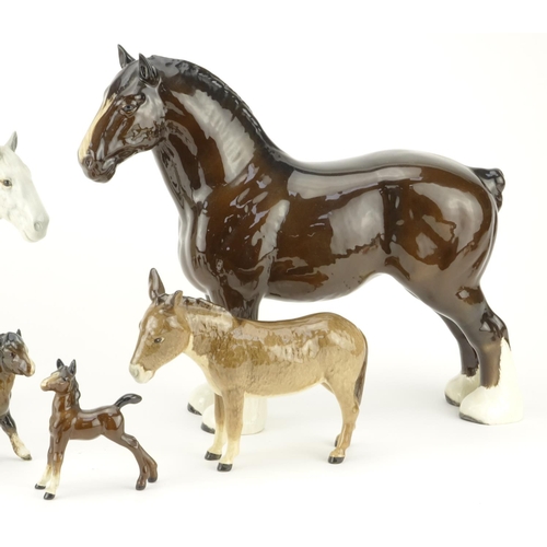 2404 - Five Beswick horses including Dapple Grey shire horse, the largest 27cm high