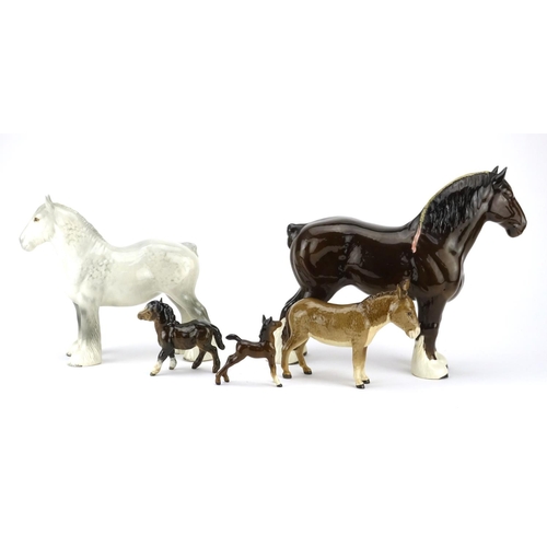 2404 - Five Beswick horses including Dapple Grey shire horse, the largest 27cm high