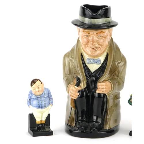 2413 - Royal Doulton Winston Churchill Toby jug and three figures, Bumble, Fat Boy and Fagin, the largest 2... 