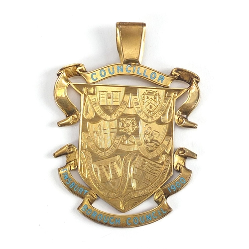 2542 - Silver gilt and enamel Finsbury Borough Councillor medallion engraved Davies, with fitted case, 7.5c... 