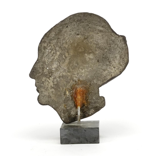 6 - Bronze half head bust of a female, raised on a square slate base, overall 32cm high