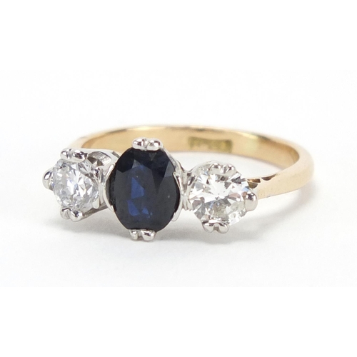 651 - 18ct gold sapphire and diamond three stone ring, size L, approximate weight 3.0g