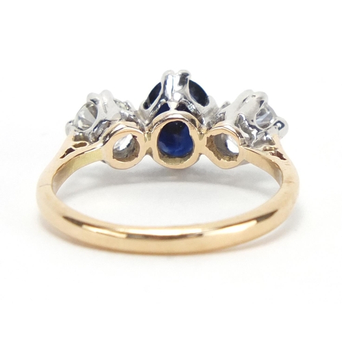 651 - 18ct gold sapphire and diamond three stone ring, size L, approximate weight 3.0g