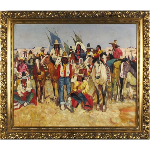 2403 - Native American's, American school oil on board, bearing an inscription Lavrna Nelson Black verso, m... 