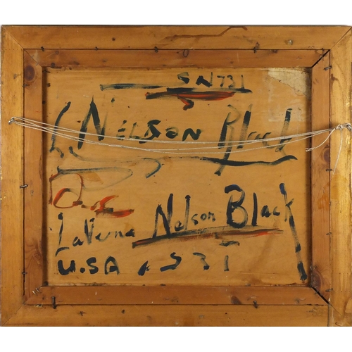 2403 - Native American's, American school oil on board, bearing an inscription Lavrna Nelson Black verso, m... 