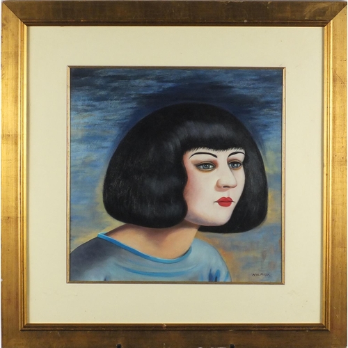 2402 - Portrait of a female, oil on board, bearing a signature Wolmark, mounted and framed, 39cm x 39cm