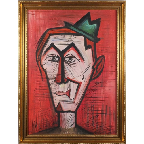 122 - Manner of Bernard Buffet - Head and shoulders portrait, oil on canvas, label verso, mounted and fram... 