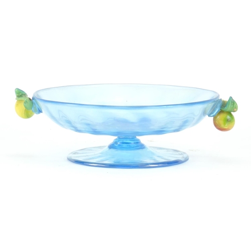 2277 - Continental blue iridescent glass pedestal sweet meat dish, with naturalistic fruit design handles, ... 