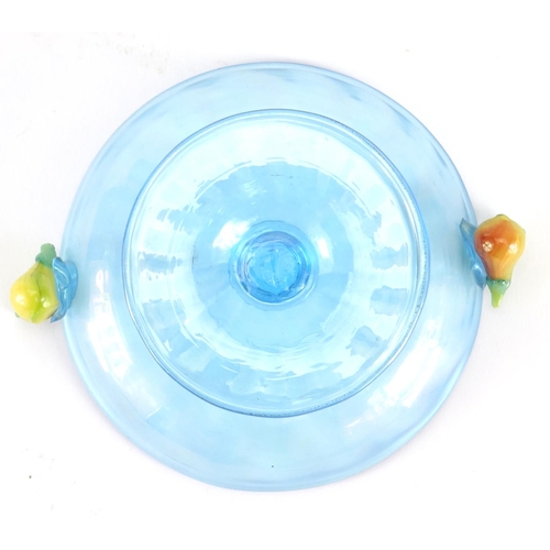 2277 - Continental blue iridescent glass pedestal sweet meat dish, with naturalistic fruit design handles, ... 