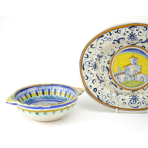 2240 - Italian Majolica pottery including a twin handled lustre cup, lustre bowl and an oval dish hand pain... 