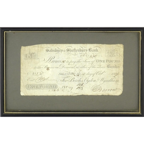 139 - Early 19th century Salisbury and Shaftesbury one pound banknote, date 4th October 1809, signed Barro... 