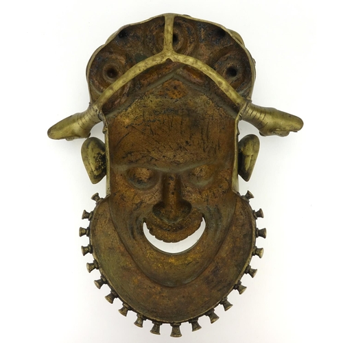 379 - African Benin style brass face mask with serpent head rest, 48cm x 40cm