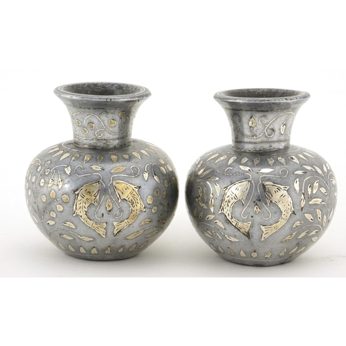 420 - Pair of Indian Bidriware vases, decorated with stylised fish and flowers, each 6.5cm high