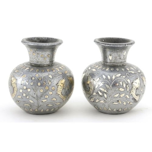 420 - Pair of Indian Bidriware vases, decorated with stylised fish and flowers, each 6.5cm high