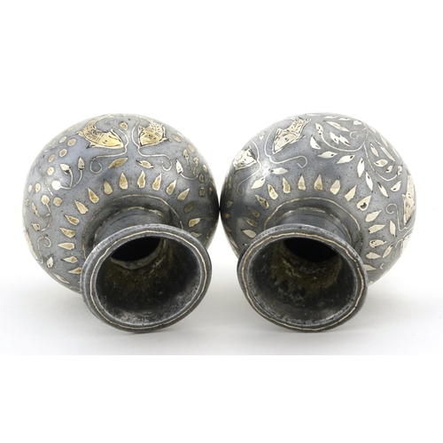 420 - Pair of Indian Bidriware vases, decorated with stylised fish and flowers, each 6.5cm high