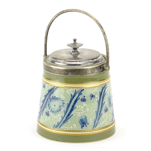 525 - James Macintyre Moorcroft biscuit barrel with silver plated mounts, hand painted and tube lined with... 