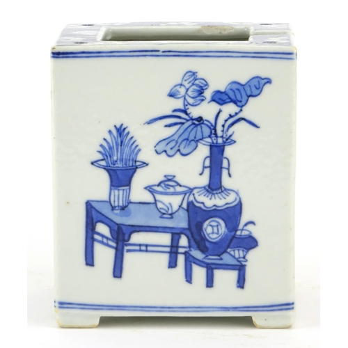 265 - Chinese blue and white porcelain flat sided brush pot, hand painted with still life and prunus flowe... 