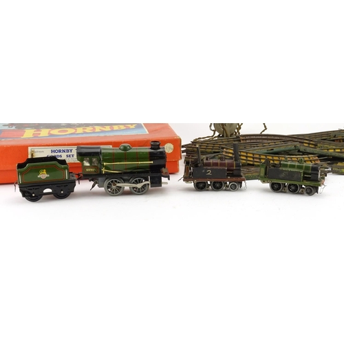 244 - German tin plate electric model railway by Bing including two locomotives and a Hornby O gauge tin p... 