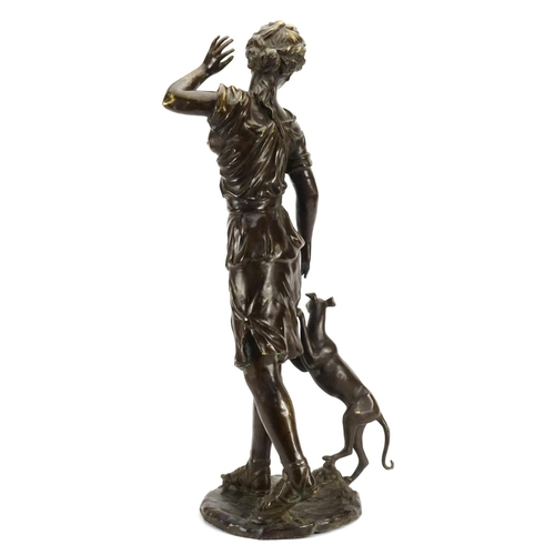 2 - Large floor standing patinated bronze figure of a young female with a dog, 76.5cm high