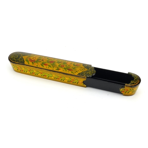 405 - Middle Eastern lacquered Qalamdan, hand painted with flowers and foliage, 26.5cm in length