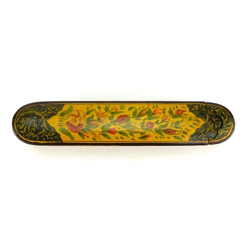 405 - Middle Eastern lacquered Qalamdan, hand painted with flowers and foliage, 26.5cm in length