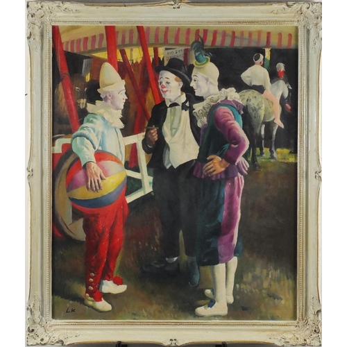 2435 - Group of clowns, oil on board, bearing a monogram LK, framed, 60cm x 50cm