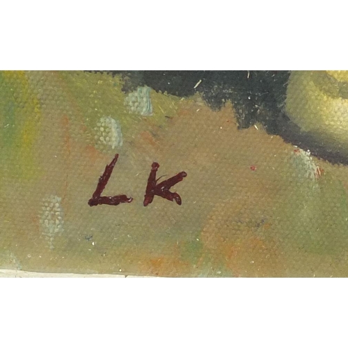 2435 - Group of clowns, oil on board, bearing a monogram LK, framed, 60cm x 50cm